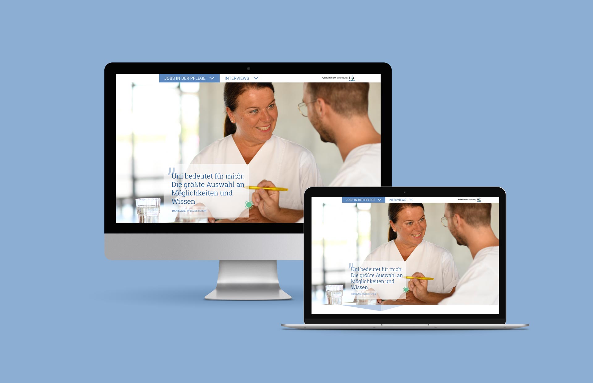 Arbeitgeber-Marke für die Pflege am UKW, Karriere-Site, Website, Responsive Design. Agentur Heldenstreich Würzburg