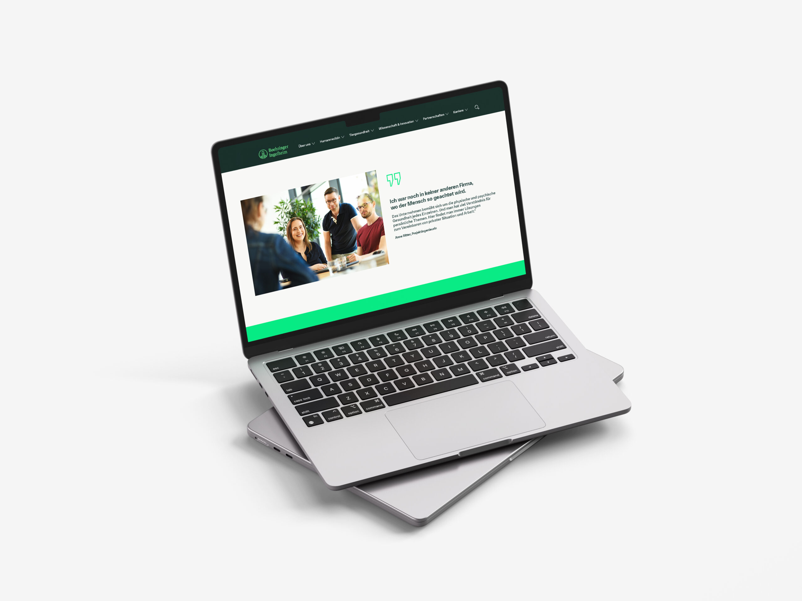 Laptop-Mockup mit geöffneter Karriereseite von Boehringer Ingelheim, dargestellt auf weißem Hintergrund.
