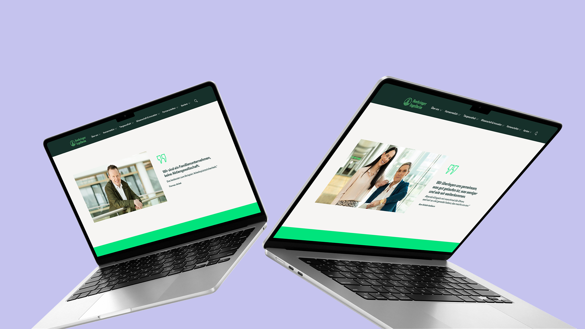 Laptop-Mockup mit zwei geöffneten Geräten, die Karriereseiten von Boehringer Ingelheim zeigen.