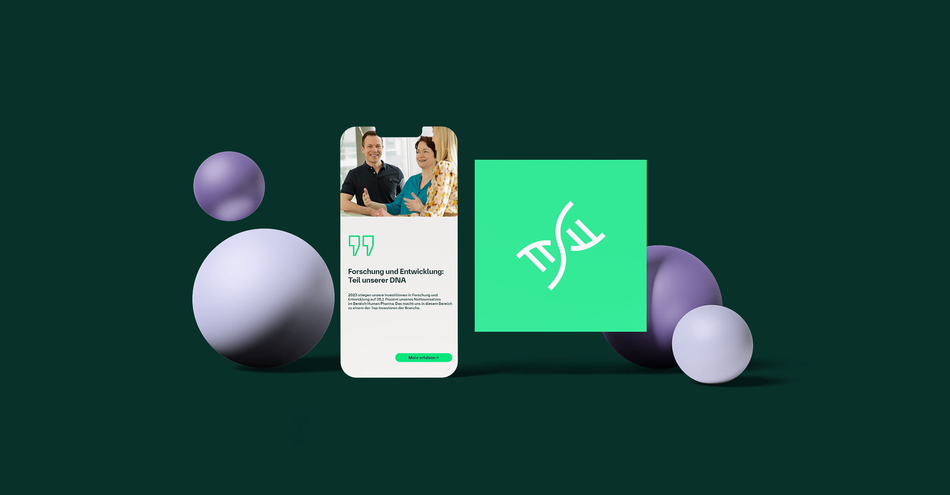 Mockup mit Smartphone und Boehringer-Ingelheim-Branding-Elementen vor abstrakten 3D-Kugeln.