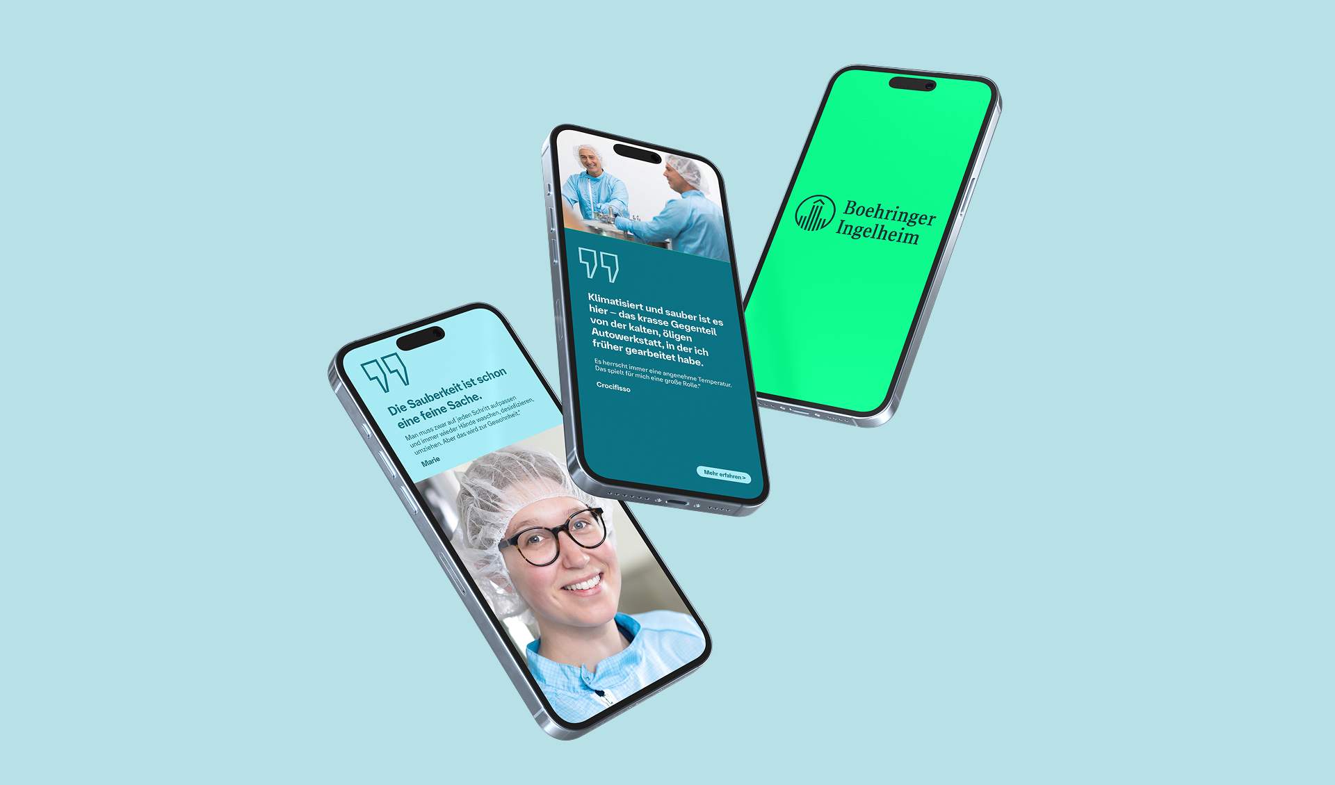 Mockup mit drei Smartphone-Screens der Boehringer-Ingelheim-Karriereseite, die Statements und Mitarbeiterfotos aus der Pharmaproduktion zeigen.