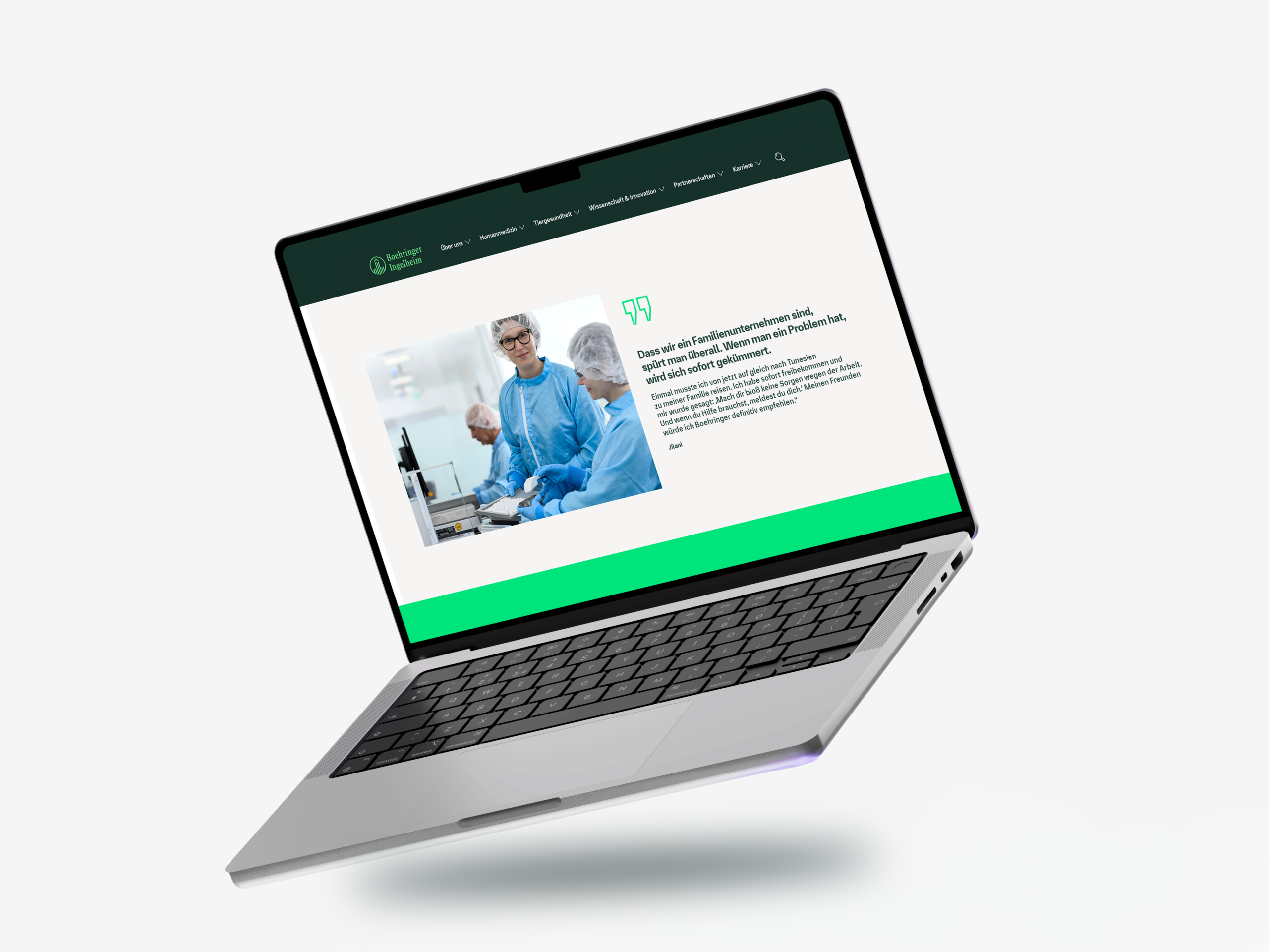 Laptop-Mockup mit geöffneter Boehringer-Ingelheim-Karriereseite für Produktionsmitarbeiter in der Pharmaproduktion.