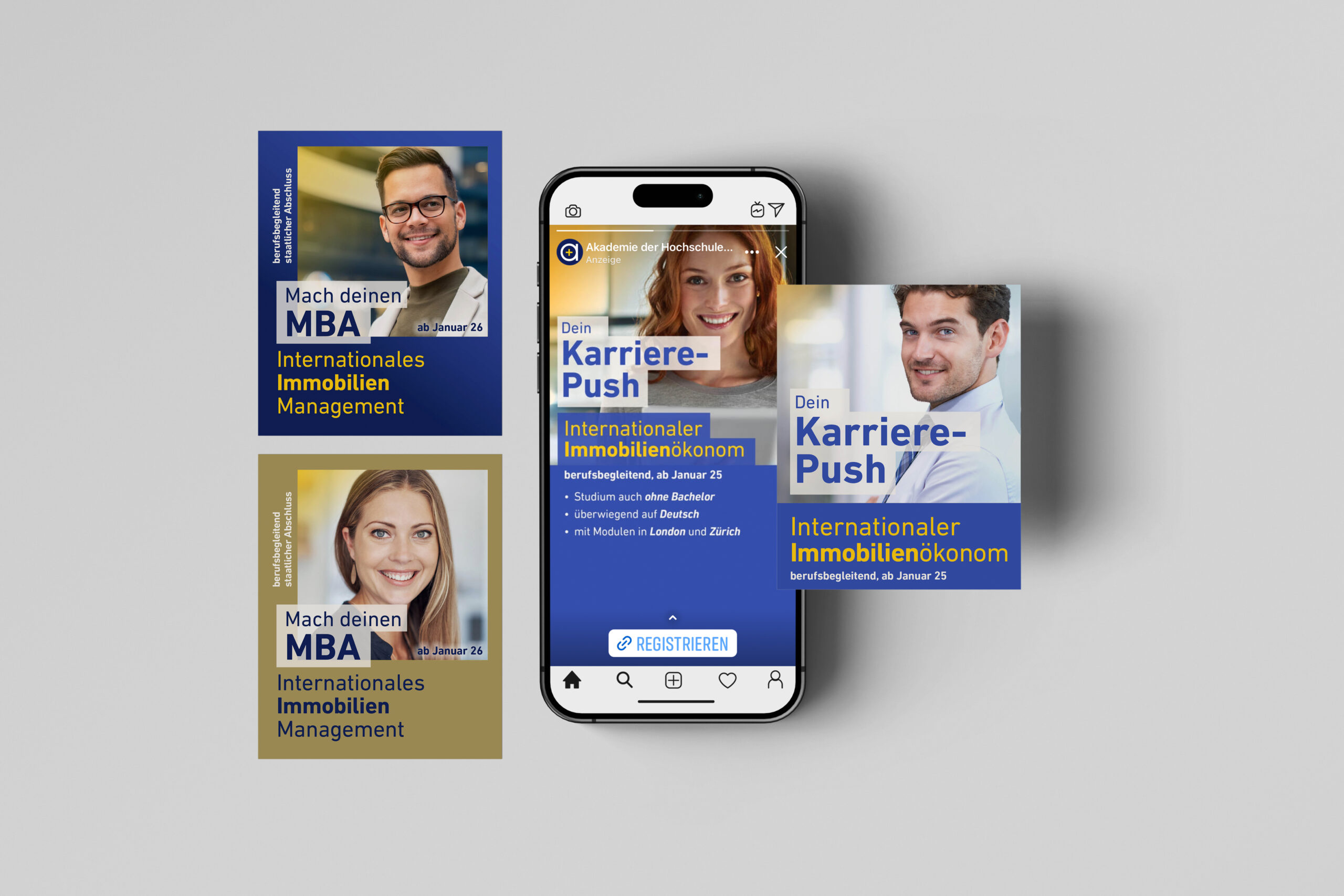 Mockup verschiedener Social-Media-Creatives der Werbekampagne für den Studiengang MBA Internationales Immobilienmanagement