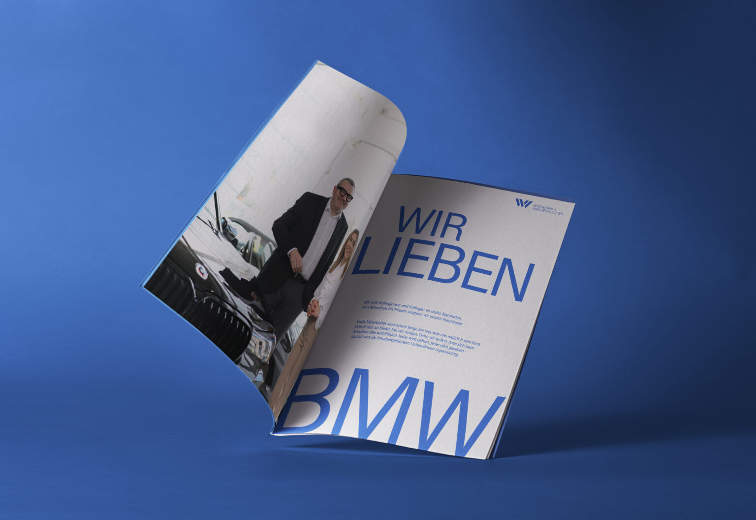Magazin-Mockup für das Employer-Branding von Widmann + Winterholler mit Doppelseite „Wir lieben BMW“.