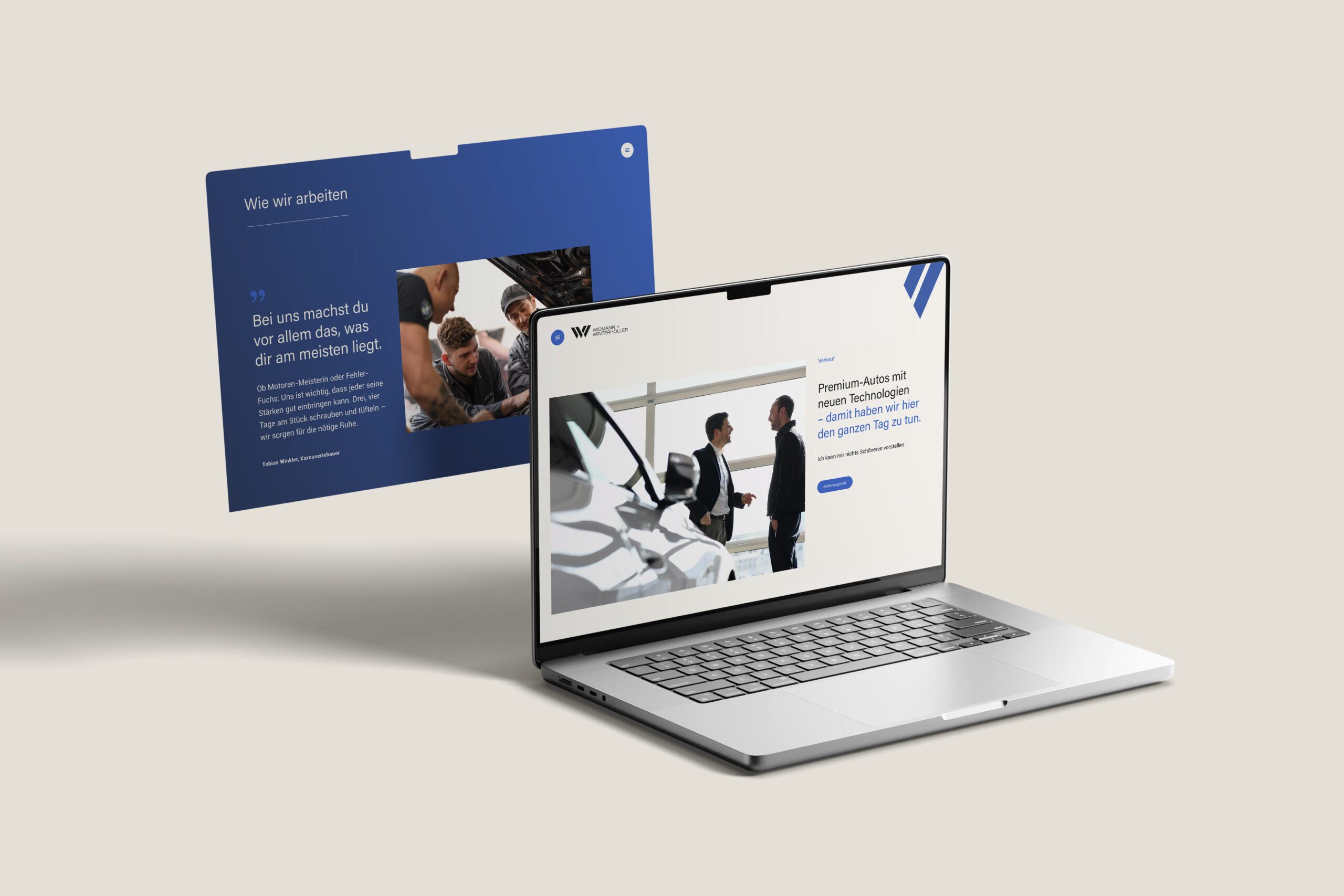 Mockup der Employer-Branding-Website für Widmann + Winterholler auf einem Laptop, mit Team- und Werkstatt-Einblicken