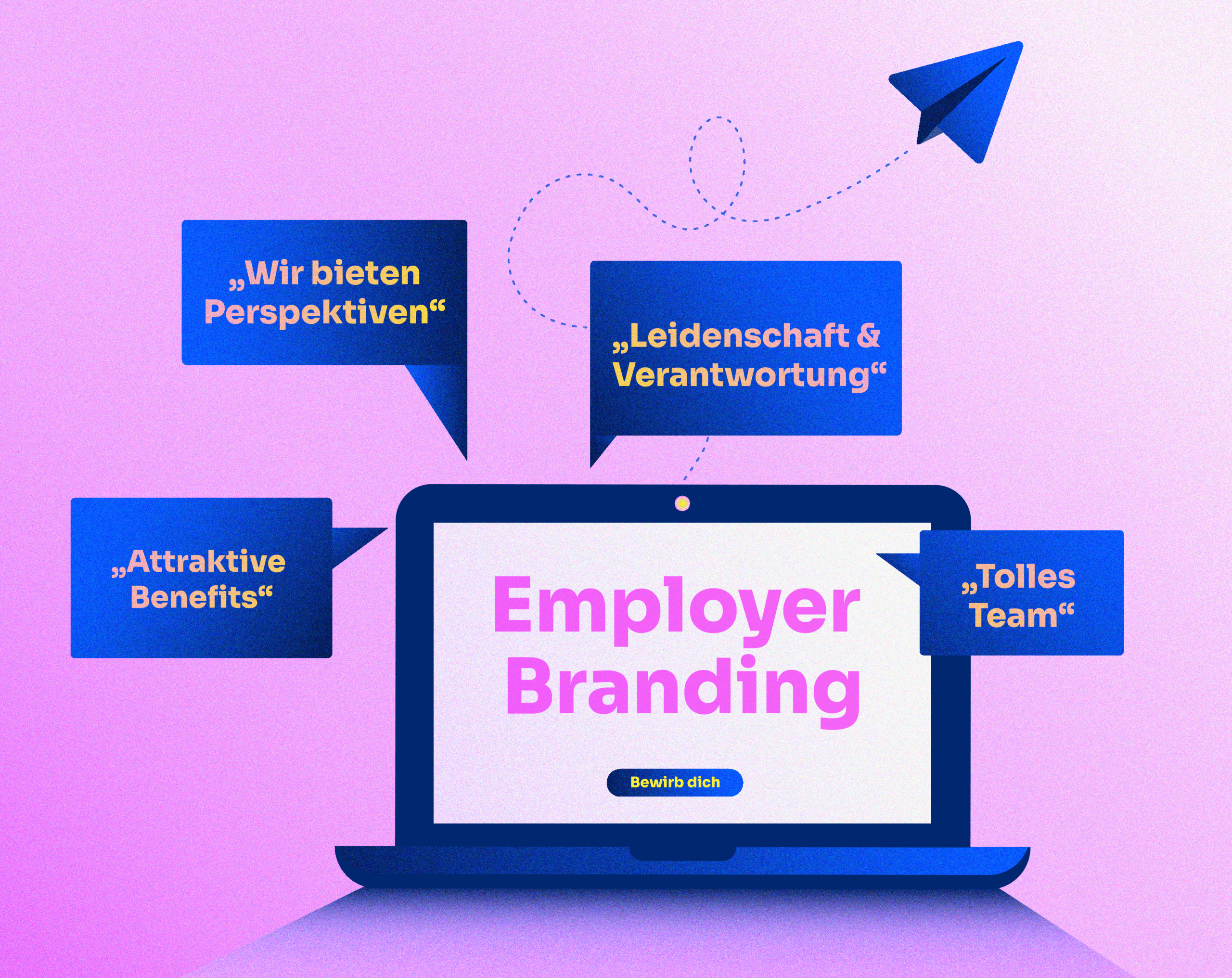 Illustration zum Thema Employer Branding mit Laptop, Sprechblasen und Papierflieger.