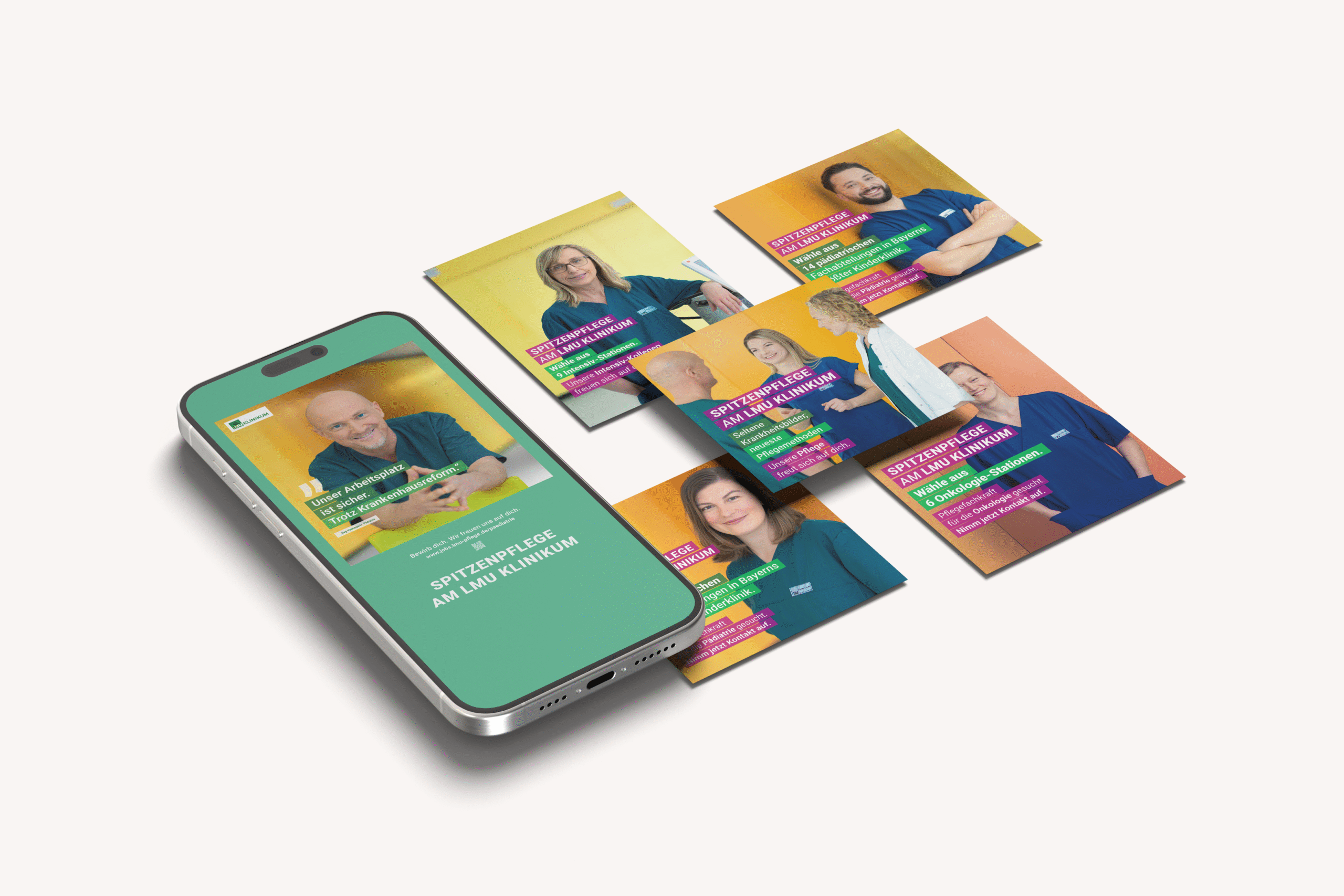 Mockup mit mehreren Social-Media-Posts der Pflegekampagne des LMU Klinikums München