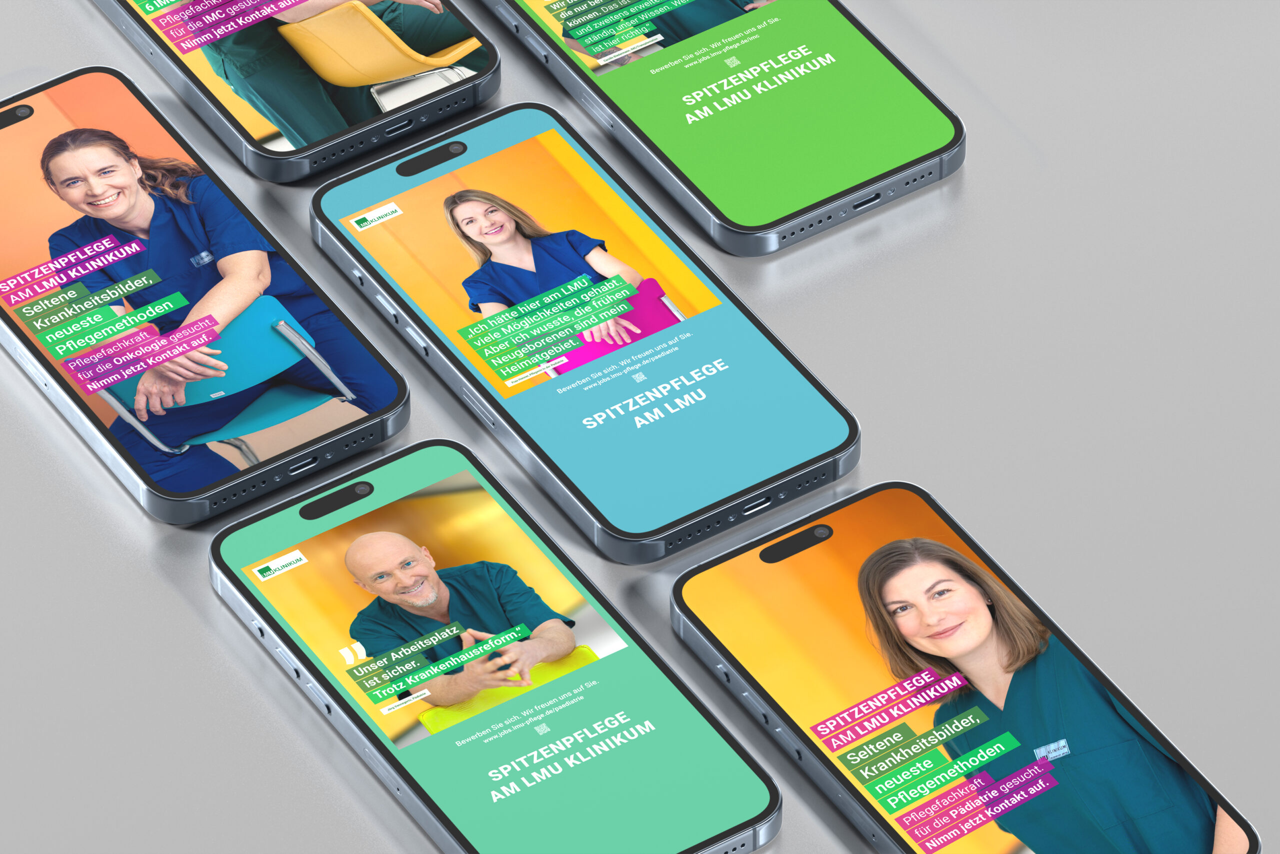 Mockup mehrerer Smartphones mit Social-Media-Anzeigen der Pflegekampagne des LMU Klinikums München, basierend auf authentischen Mitarbeiterfotos.