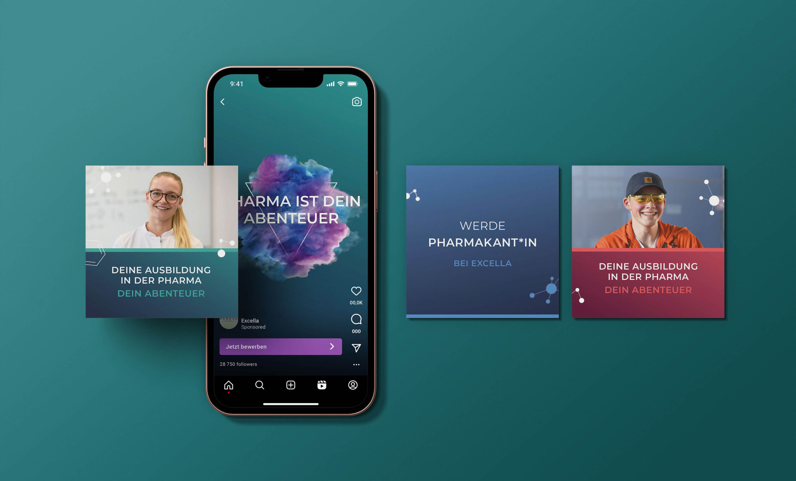 Social-Media-Visuals der Ausbildungskampagne für Excella: Smartphone-Mockup und quadratische Anzeigenmotive für Pharma-Ausbildung