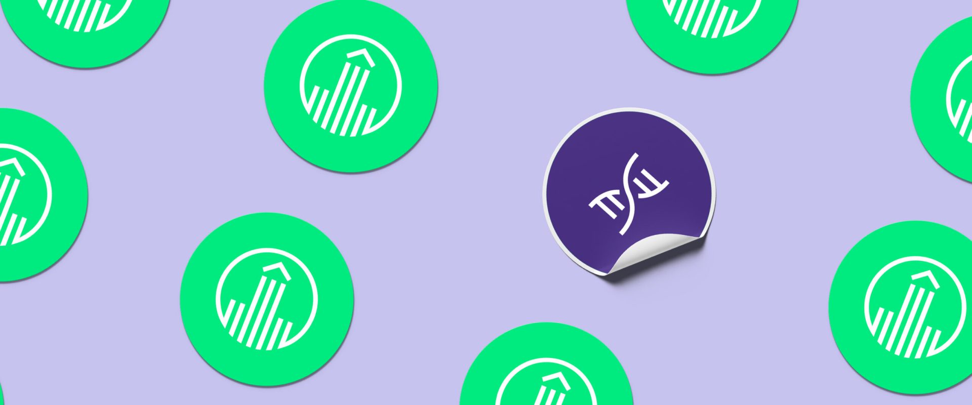 Sticker-Mockup mit Boehringer-Ingelheim-Grafikelementen und einem hervorgehobenen DNA-Symbol.