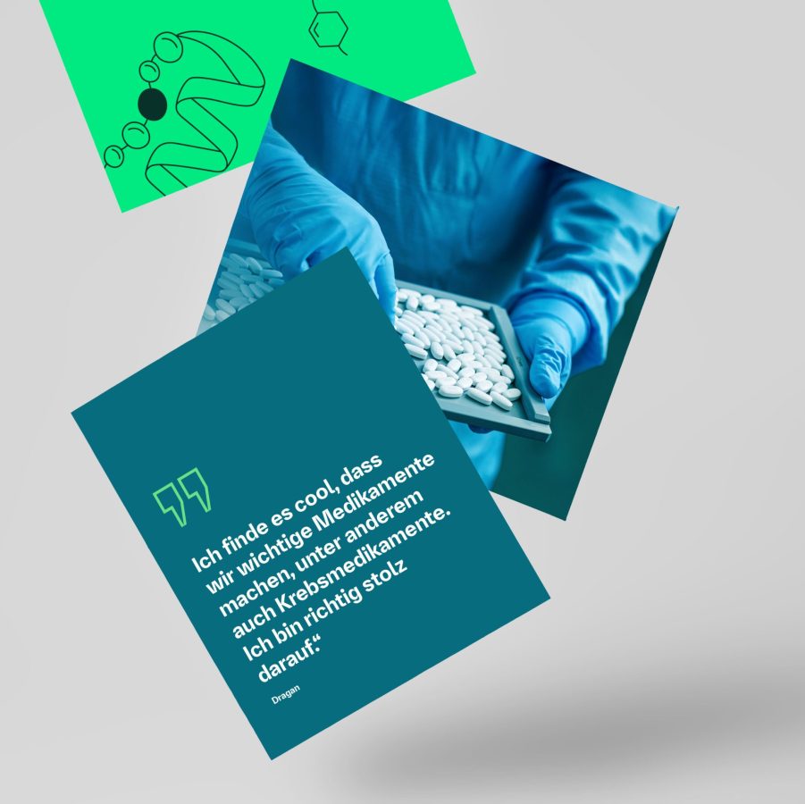 Mockup mit Boehringer-Ingelheim-Grafiken und Mitarbeiterzitat auf fallenden Karten