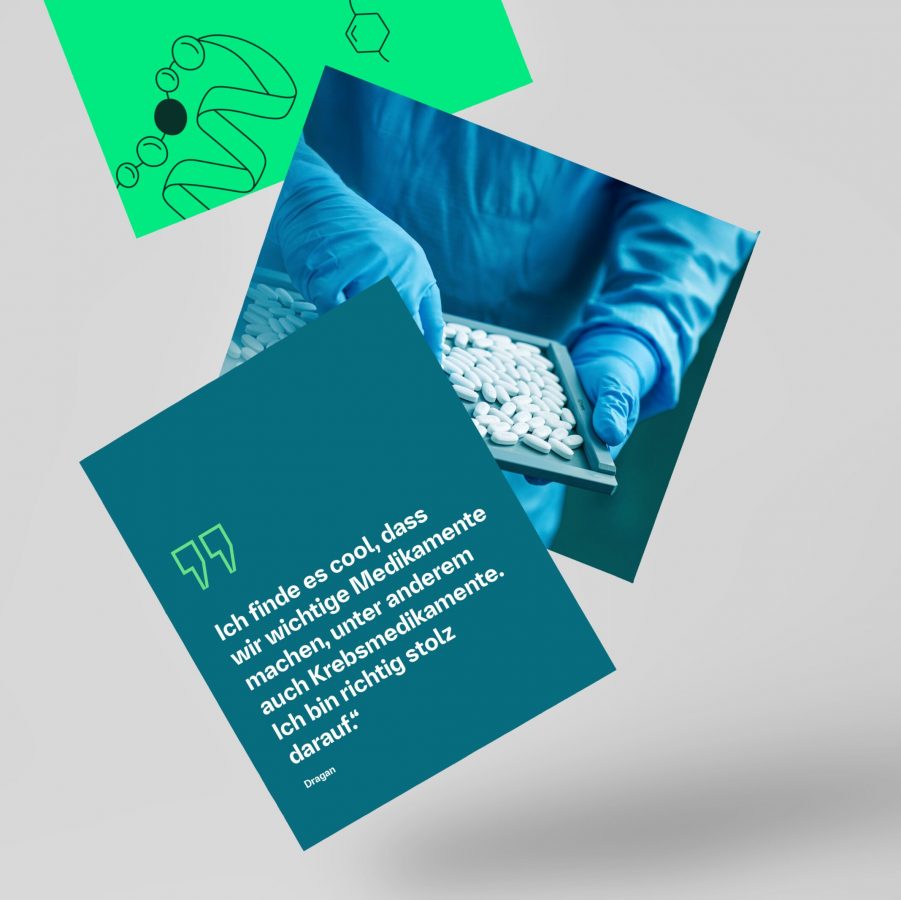 Mockup mit Boehringer-Ingelheim-Grafiken und Mitarbeiterzitat auf fallenden Karten