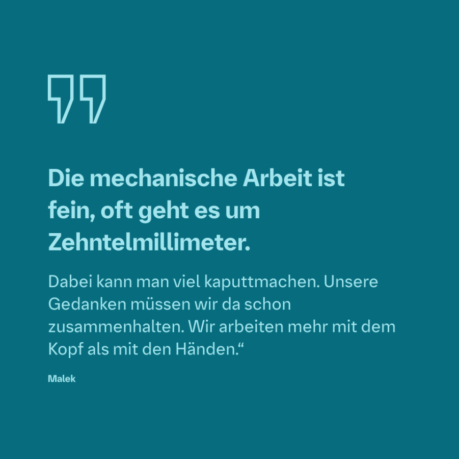 Zitatgrafik über präzise mechanische Arbeit im Boehringer-Ingelheim-Projekt.