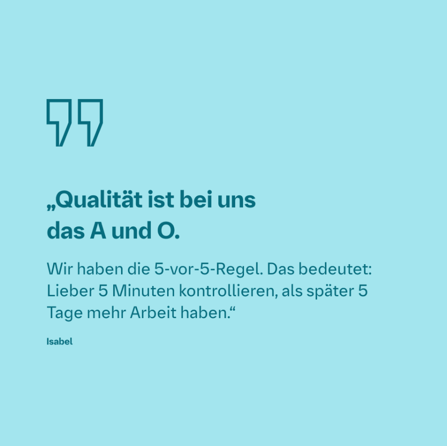 Zitatgrafik mit dem Statement „Qualität ist bei uns das A und O“ aus dem Boehringer-Ingelheim-Projekt.
