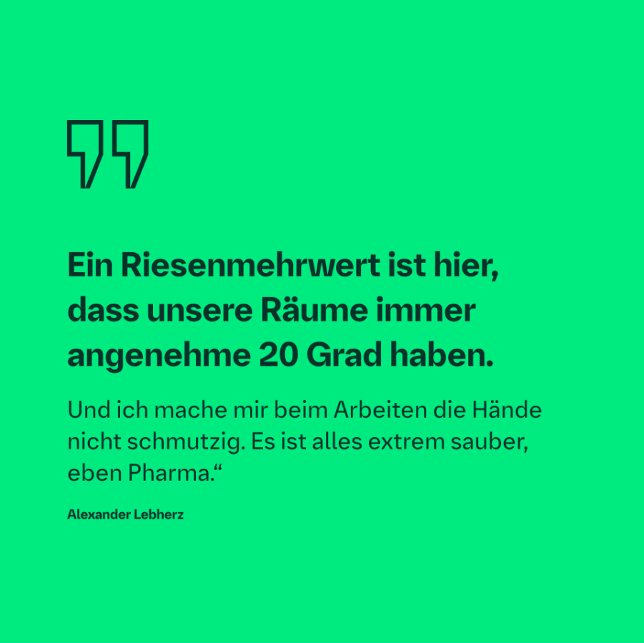 Zitatgrafik über angenehme Arbeitsbedingungen und Sauberkeit in der Pharmaproduktion bei Boehringer Ingelheim.