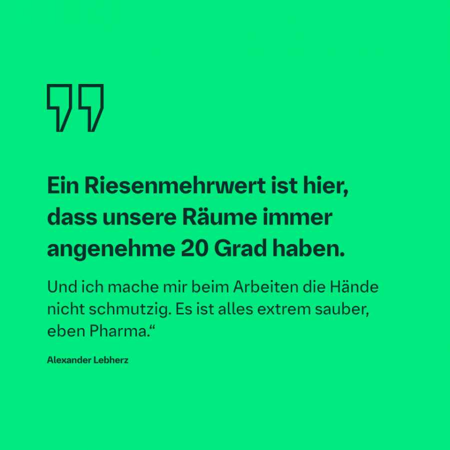 Zitatgrafik über angenehme Arbeitsbedingungen und Sauberkeit in der Pharmaproduktion bei Boehringer Ingelheim.