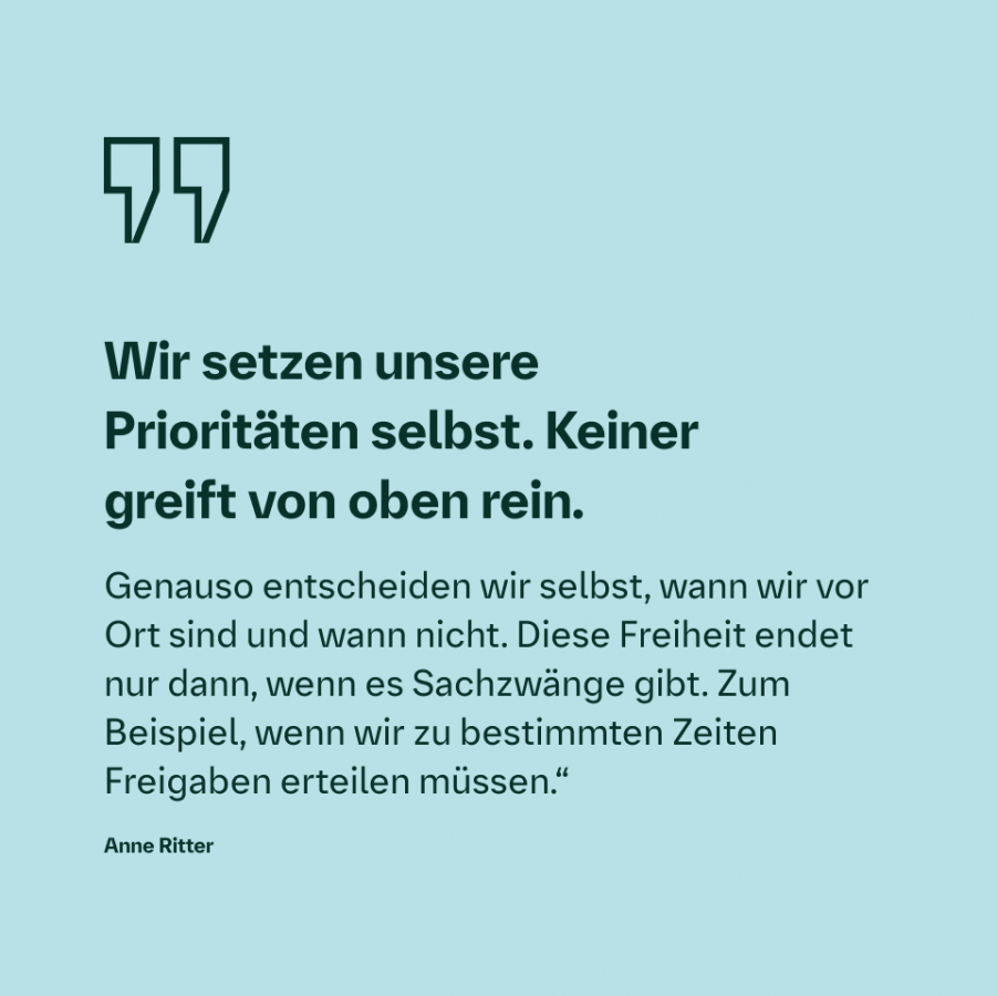 Zitatgrafik über Selbstbestimmung und Flexibilität im Arbeitsalltag bei Boehringer Ingelheim.